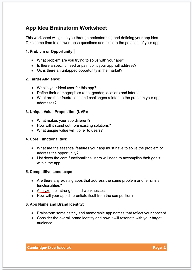App Idea Brainstorm Worksheet